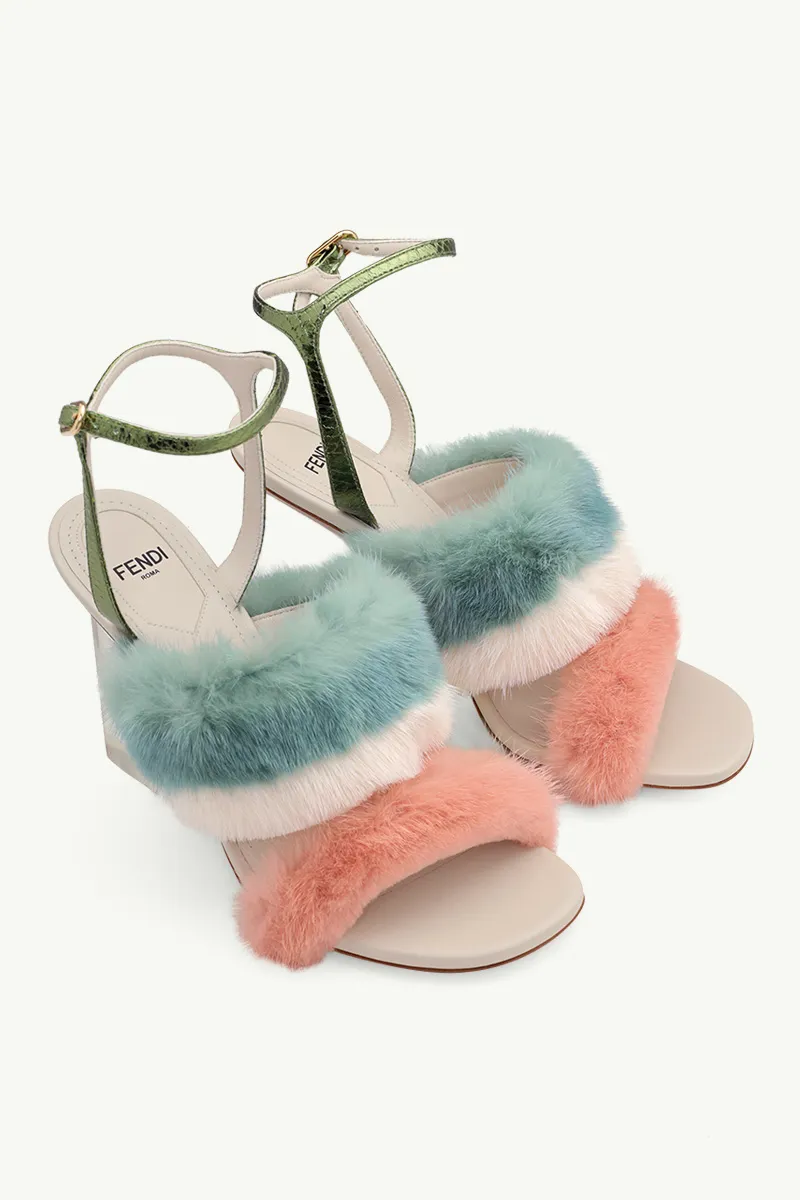 FENDI Women First Ankle Strap Sandals 95mm in Pink/White/Teal Mink with Diagonal F Transparent Heel 1