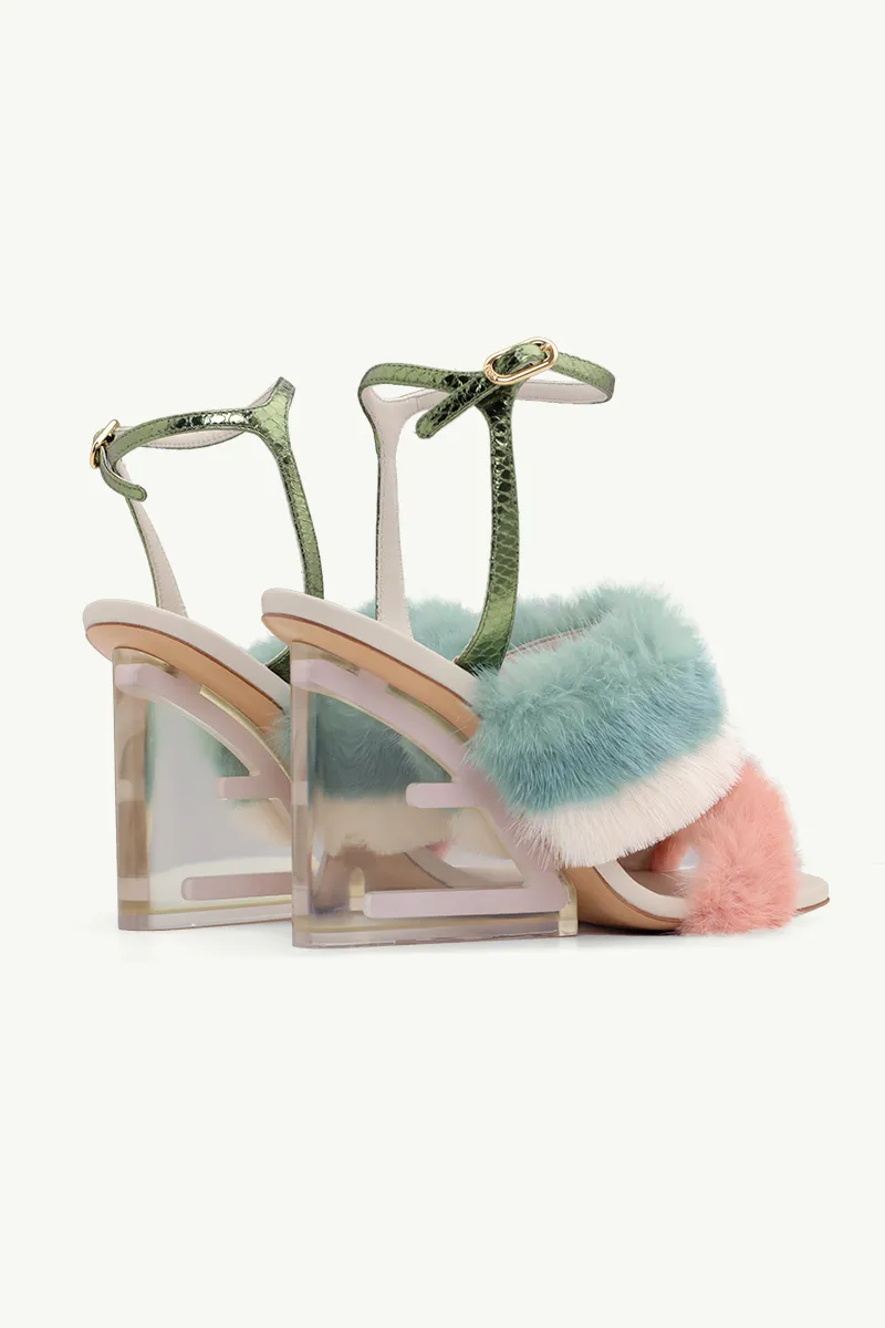 FENDI Women First Ankle Strap Sandals 95mm in Pink/White/Teal Mink with Diagonal F Transparent Heel 2