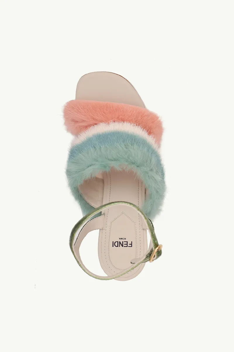 FENDI Women First Ankle Strap Sandals 95mm in Pink/White/Teal Mink with Diagonal F Transparent Heel 3