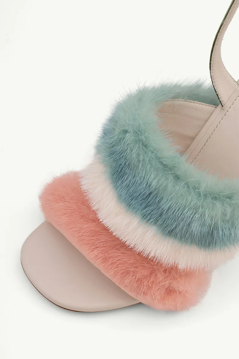 FENDI Women First Ankle Strap Sandals 95mm in Pink/White/Teal Mink with Diagonal F Transparent Heel 4