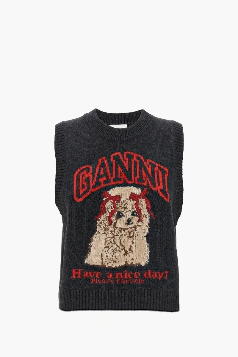 GANNI Women Logo Graphic Puppy Sleeveless Vest in Black/Sand Wool 0