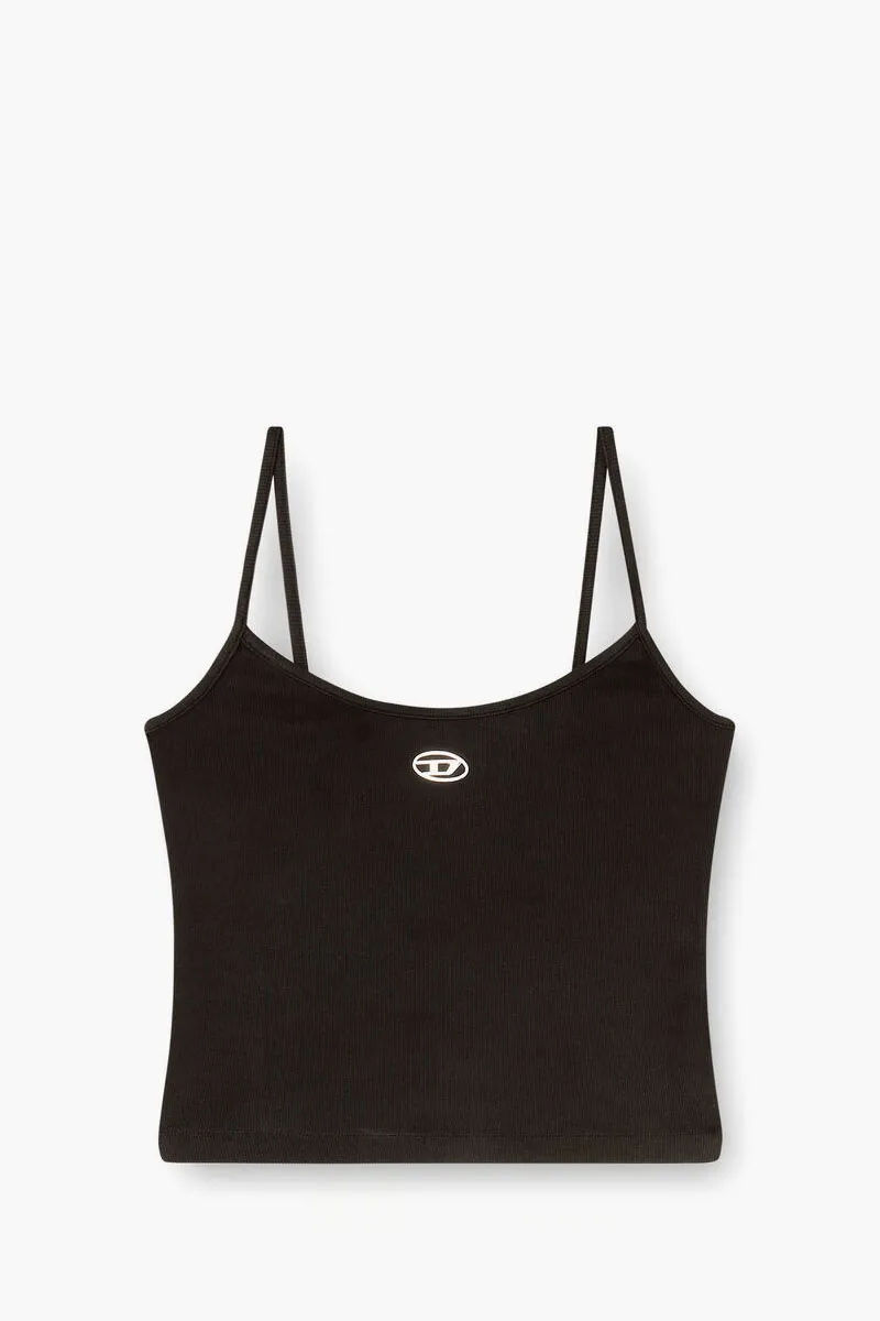 DIESEL Women T-Huppy-Od Ribbed Top in Black Cotton with Metallic Oval D 0