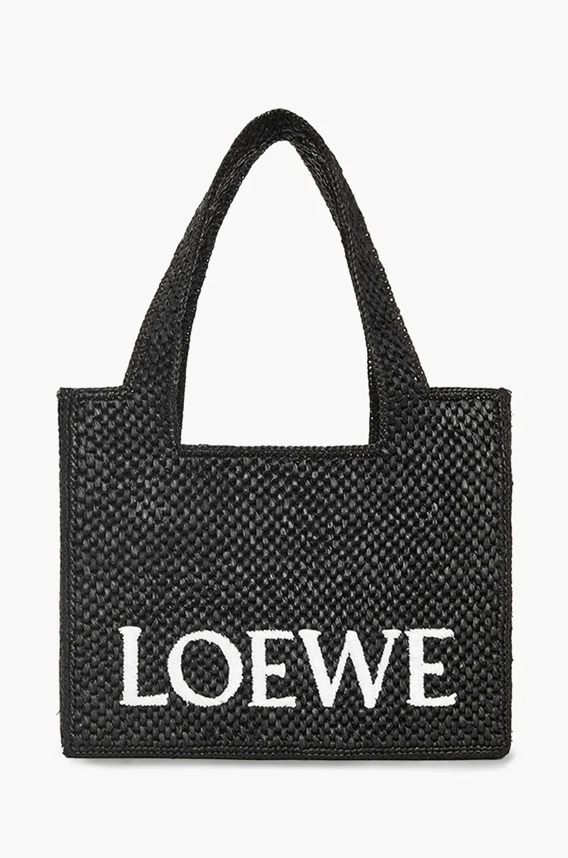 LOEWE Medium Logo Font Tote Bag in Black Raffia with Adjustable Shoulder Strap 0