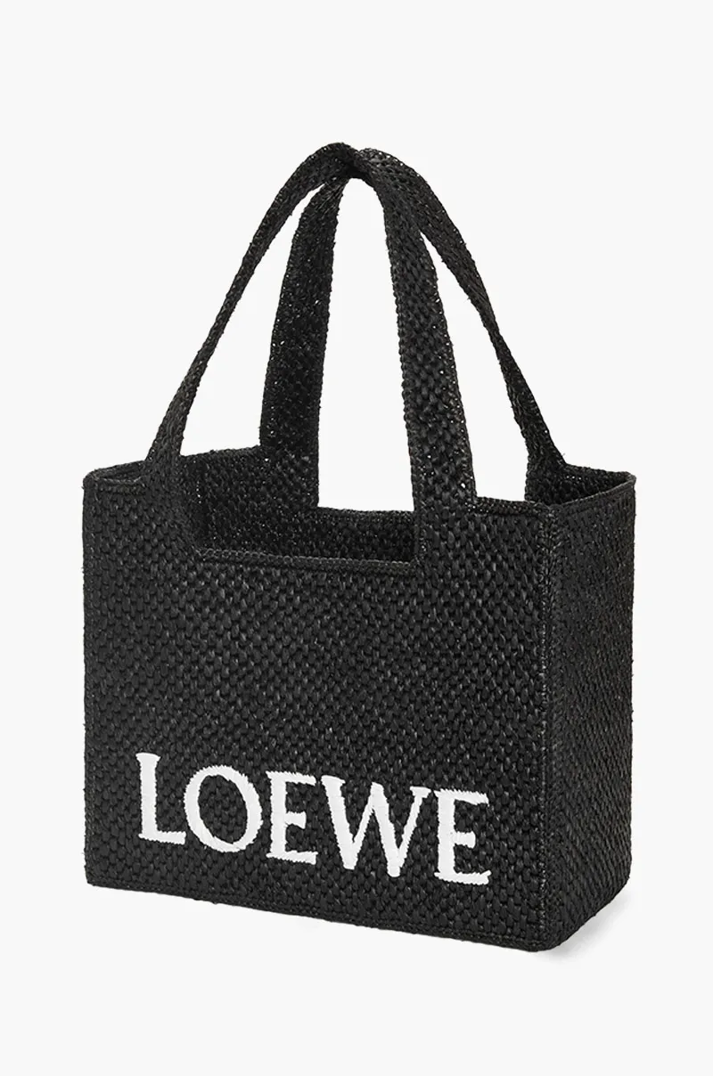 LOEWE Medium Logo Font Tote Bag in Black Raffia with Adjustable Shoulder Strap 2