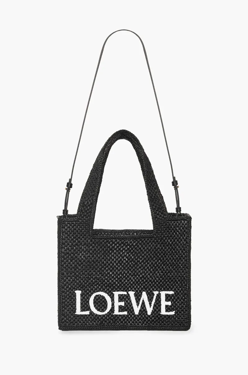 LOEWE Medium Logo Font Tote Bag in Black Raffia with Adjustable Shoulder Strap 3