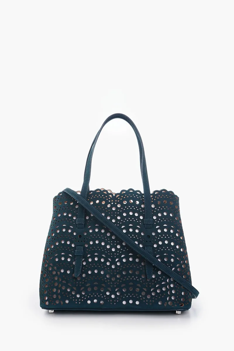ALAIA Mina 25 Lasered Handbag in Peacock Blue Suede with Inner Pouch 2