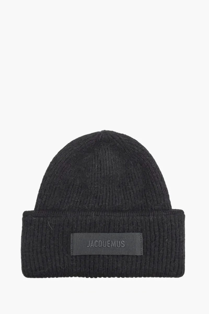 JACQUEMUS Le Bonnet Grosgrain Logo Beanie in Black Alpaca Wool 0