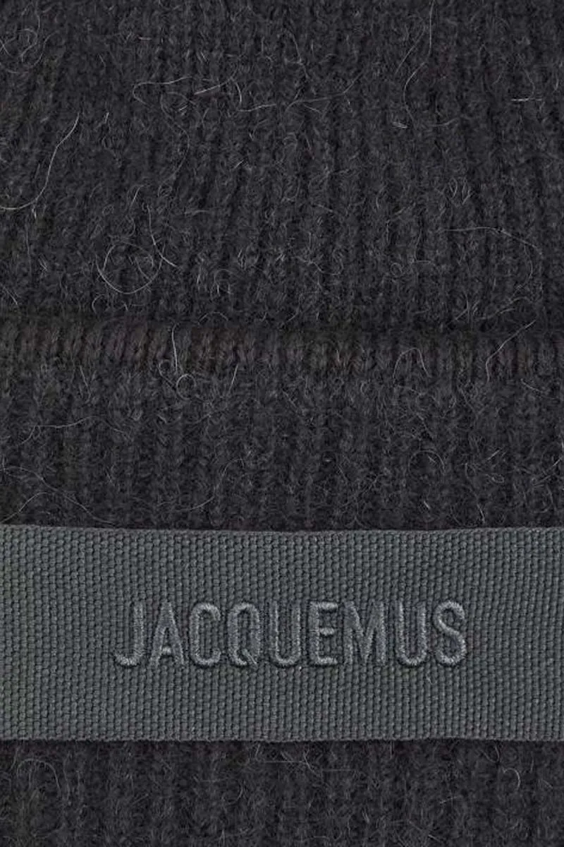 JACQUEMUS Le Bonnet Grosgrain Logo Beanie in Black Alpaca Wool 2