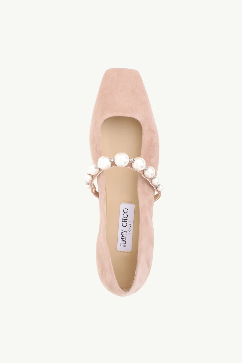 JIMMY CHOO Ade Flat in Ballet Pink/White Suede with Pearl Embellishment 3