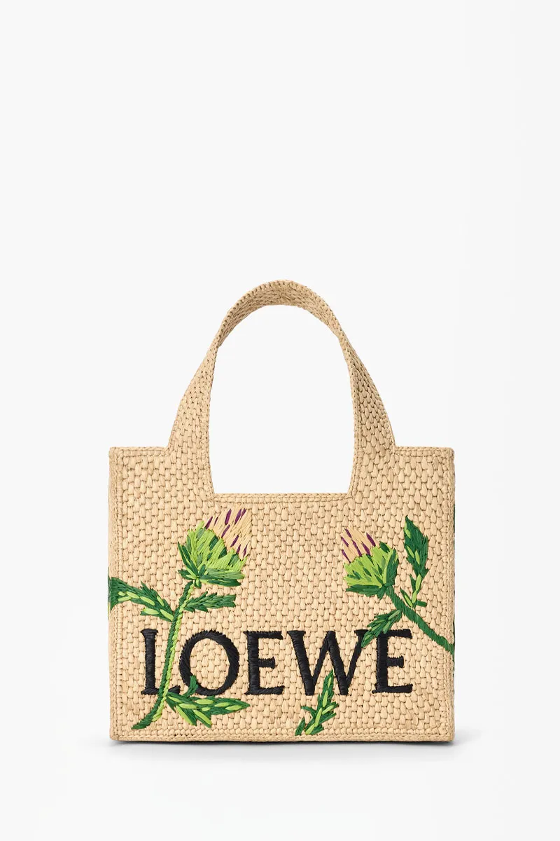 LOEWE Small Embroidered Artichoke Flower Font Tote Bag in Natural/Green Raffia 0