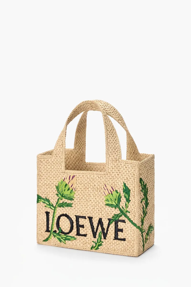 LOEWE Small Embroidered Artichoke Flower Font Tote Bag in Natural/Green Raffia 1