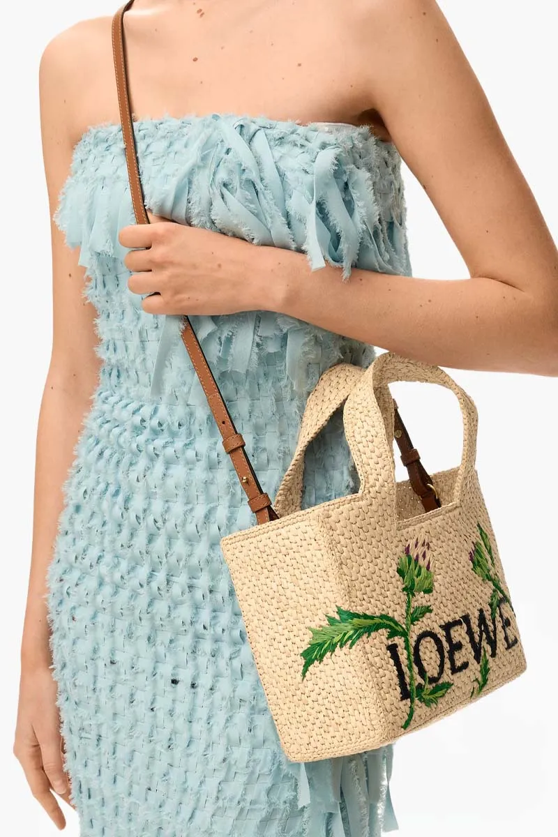 LOEWE Small Embroidered Artichoke Flower Font Tote Bag in Natural/Green Raffia 4