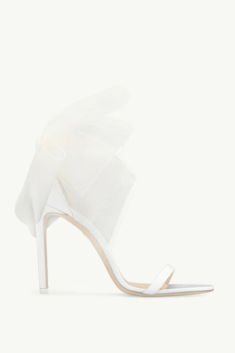 JIMMY CHOO Aveline Ankle Strap Sandals 100mm in Latte with Asymmetric Grosgrain Mesh Fascinator Bows 0