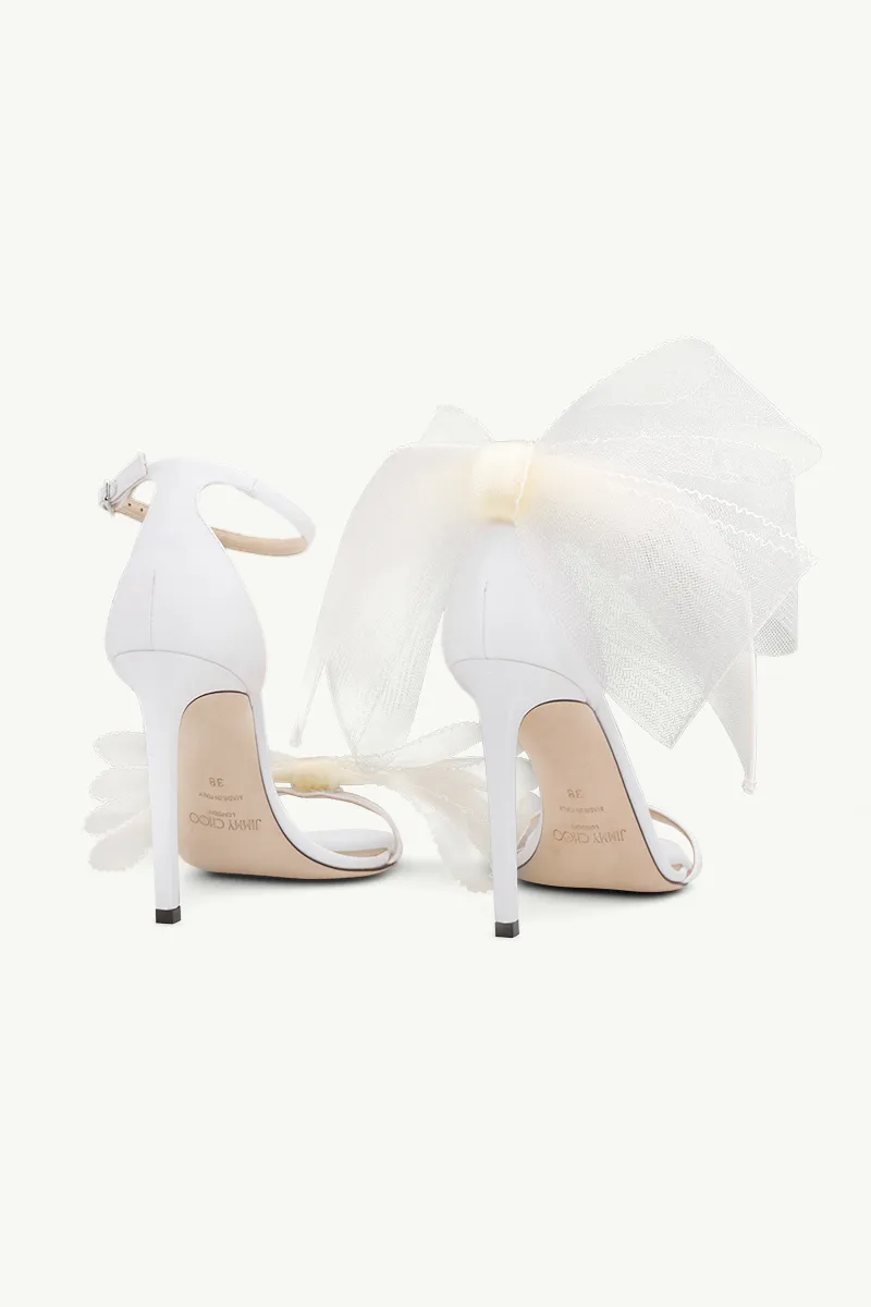 JIMMY CHOO Aveline Ankle Strap Sandals 100mm in Latte with Asymmetric Grosgrain Mesh Fascinator Bows 2