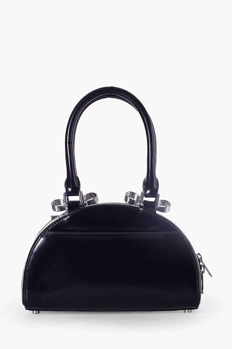 SELF-PORTRAIT Mini Curved Diamanté Bows Top Handle Tote Bag in Black Leather 1