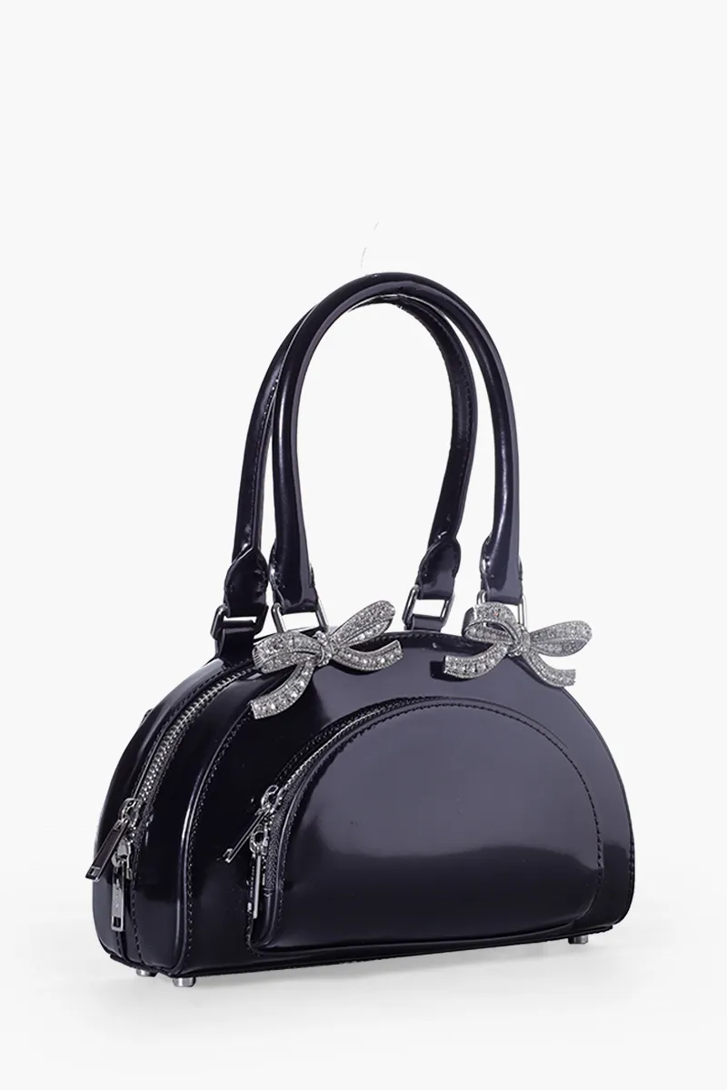 SELF-PORTRAIT Mini Curved Diamanté Bows Top Handle Tote Bag in Black Leather 2