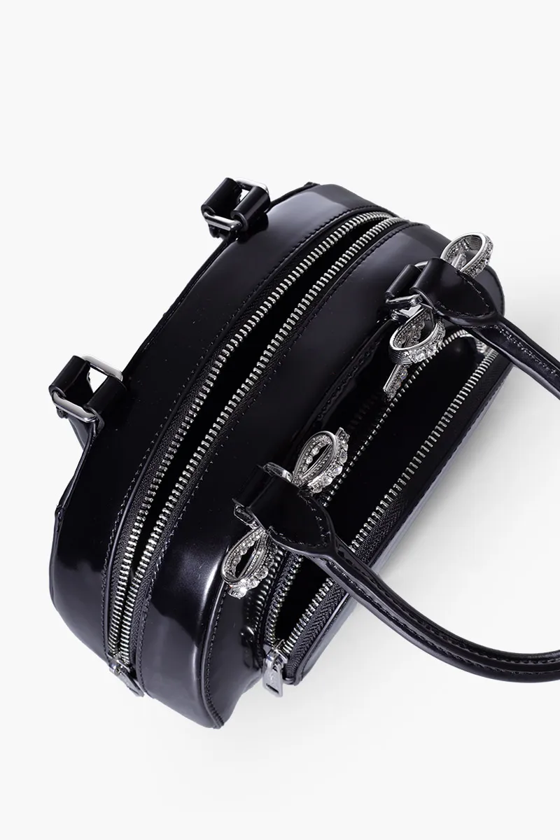 SELF-PORTRAIT Mini Curved Diamanté Bows Top Handle Tote Bag in Black Leather 3