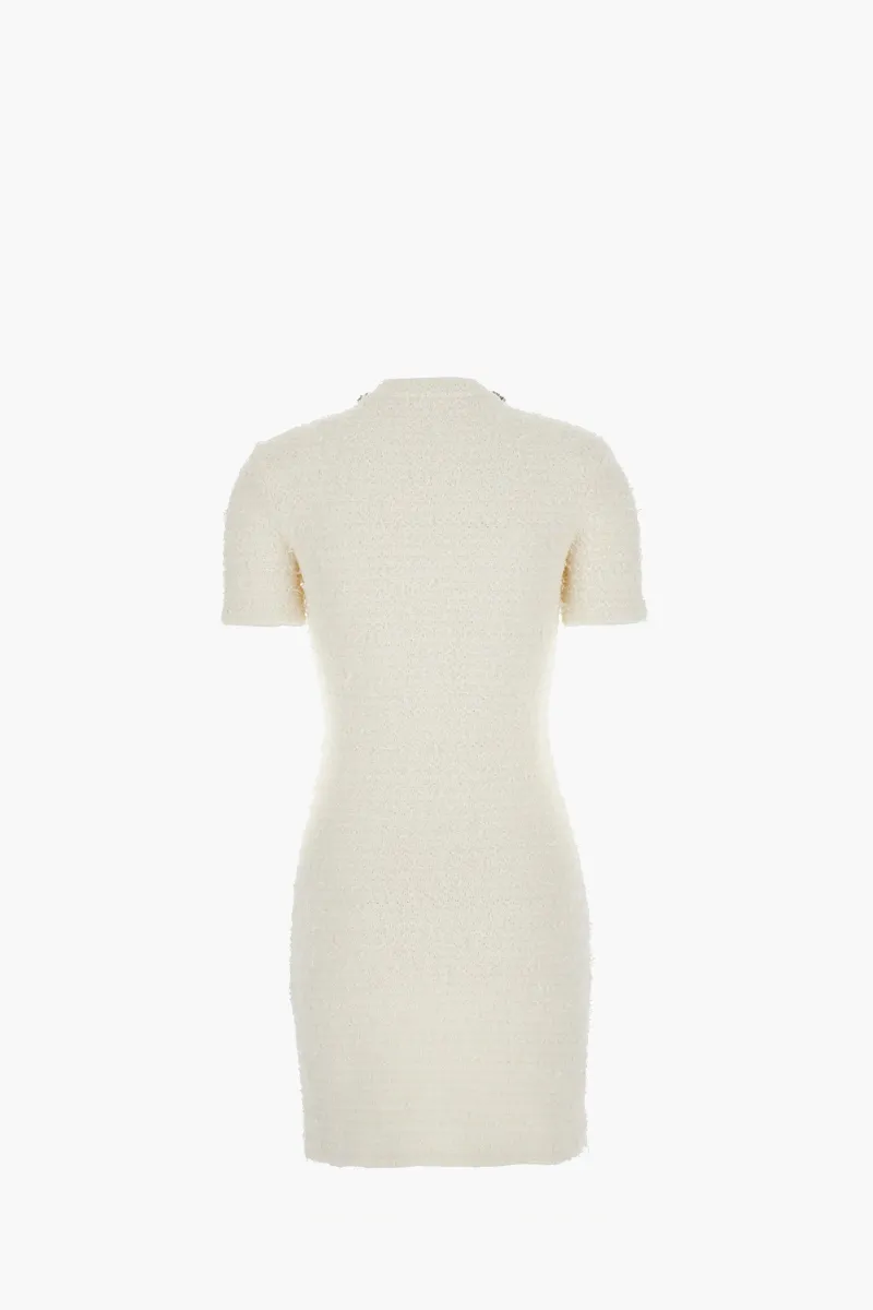 SELF-PORTRAIT Women Textured Knit Mini Dress in Cream Cotton with Crystal Trim 1