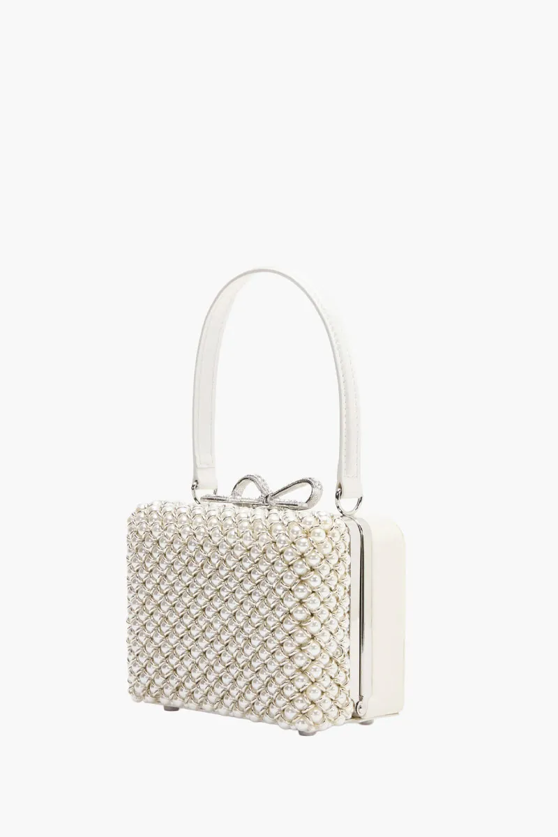 SELF-PORTRAIT Crystal Bow Pearl Embellished Micro Bag in Cream 1