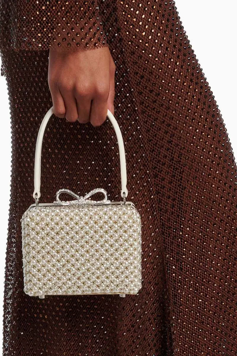 SELF-PORTRAIT Crystal Bow Pearl Embellished Micro Bag in Cream 3