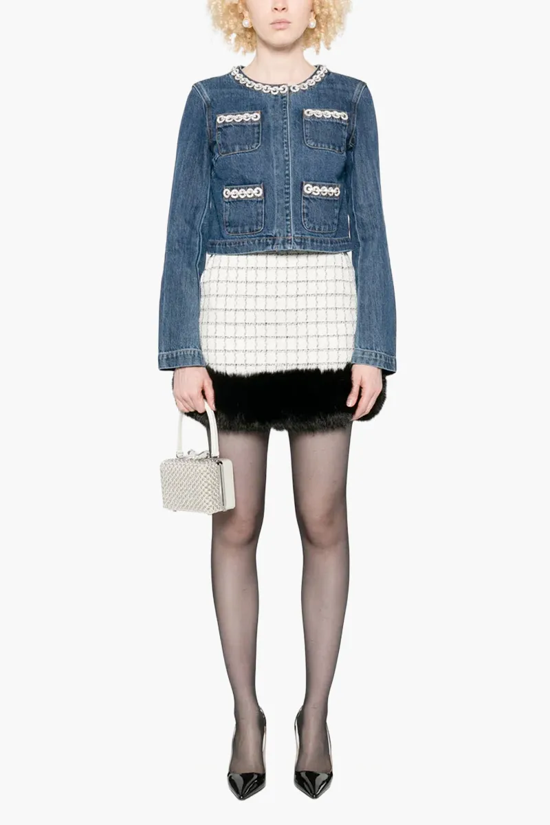 SELF-PORTRAIT Women Cropped Denim Jacket in Blue Cotton with Crystal Trim 1