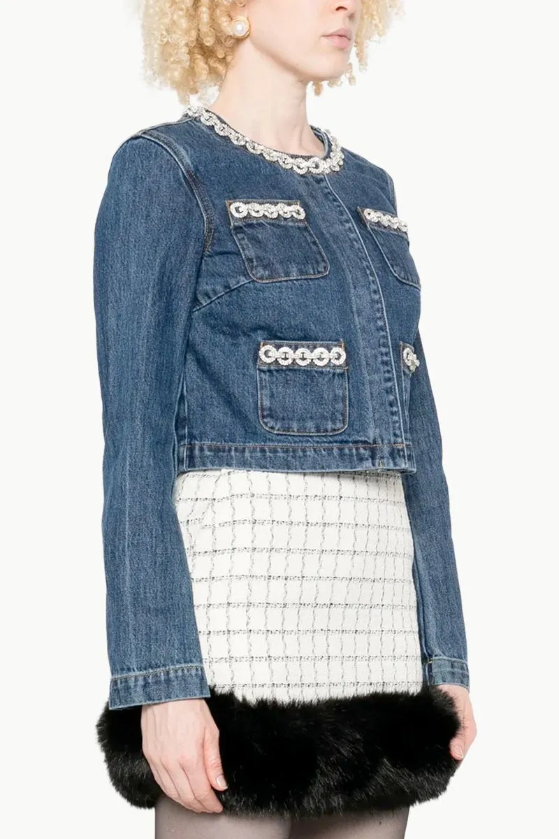 SELF-PORTRAIT Women Cropped Denim Jacket in Blue Cotton with Crystal Trim 2