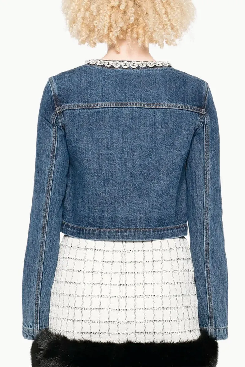 SELF-PORTRAIT Women Cropped Denim Jacket in Blue Cotton with Crystal Trim 3