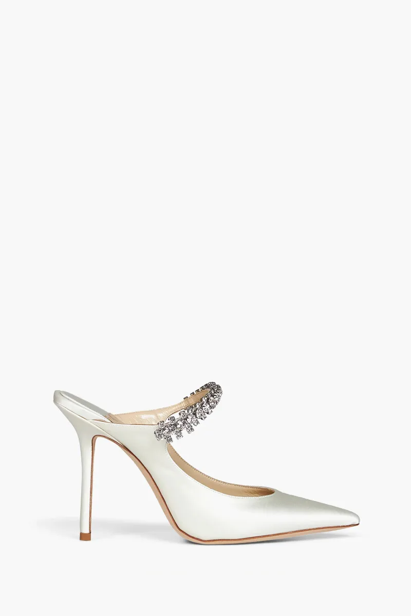 JIMMY CHOO Bing Mules 100mm in Ivory Satin with Crystal Strap 0