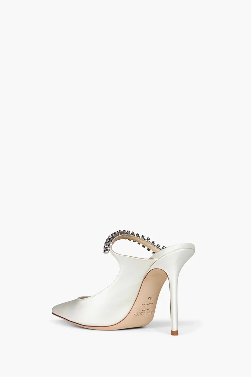 JIMMY CHOO Bing Mules 100mm in Ivory Satin with Crystal Strap 1