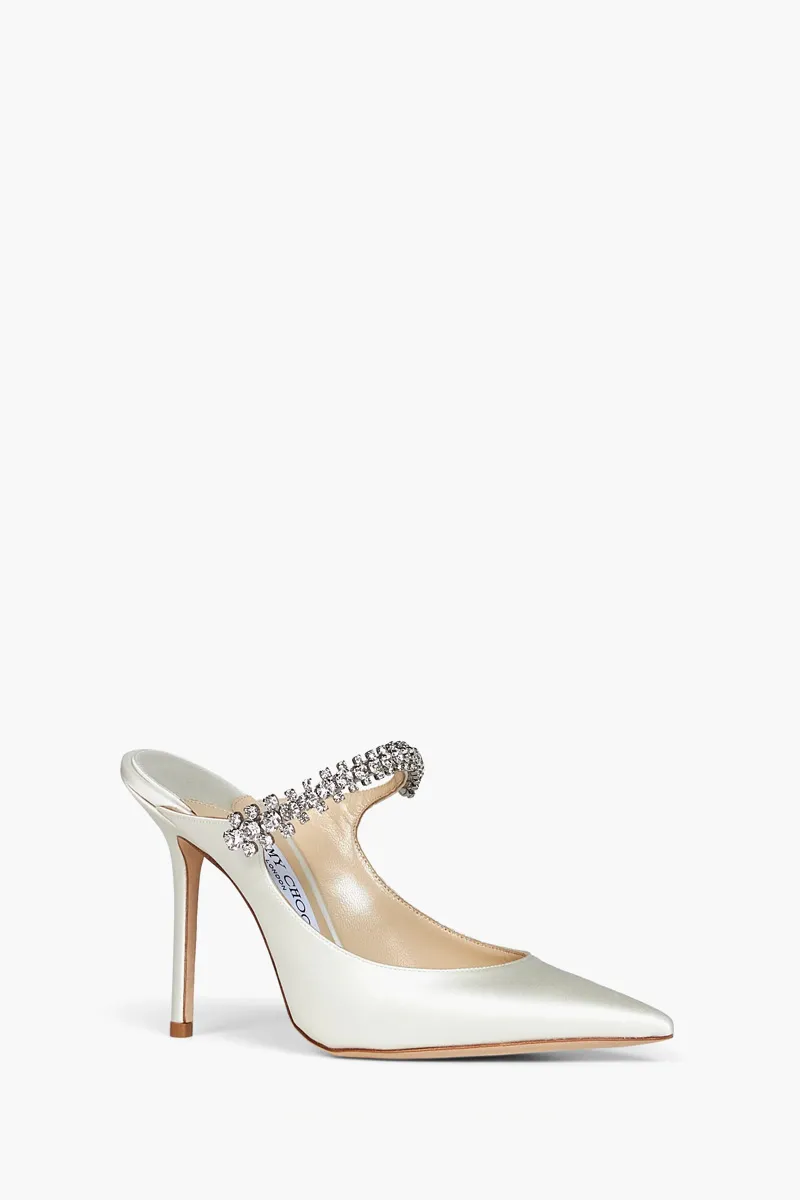 JIMMY CHOO Bing Mules 100mm in Ivory Satin with Crystal Strap 2