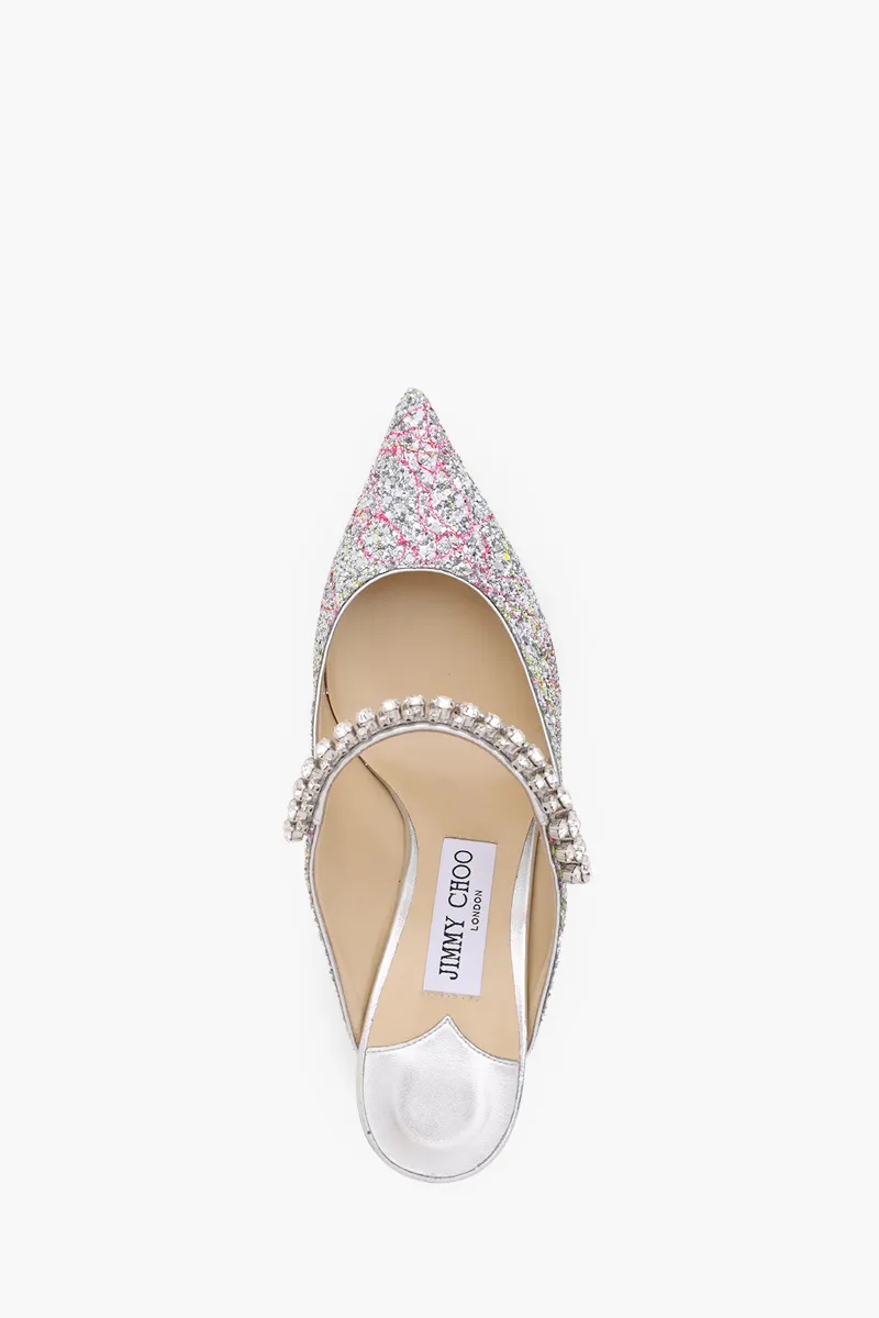 JIMMY CHOO Bing Mules Sandals 65mm in Silver Multicolor Splattered Coarse Glitter Fabric 3