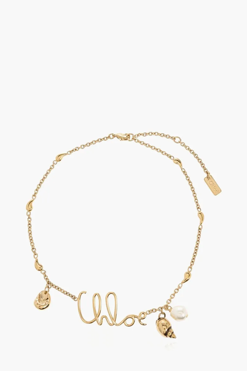CHLOE Shells Necklace in Vintage Gold Brass & Syntetic Pearl with Shell Charms 0