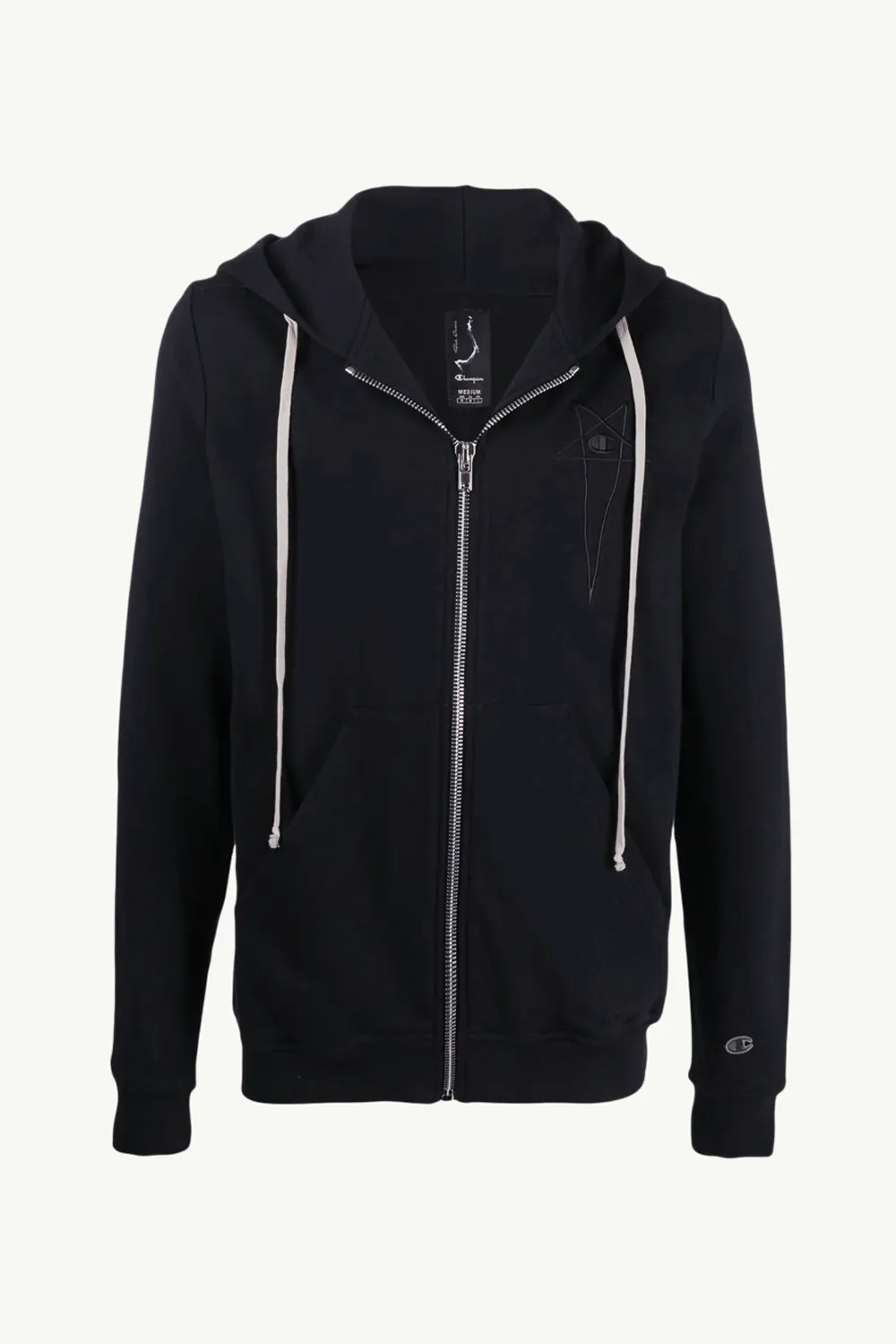 RICK OWENS x CHAMPION Men Embroidered Logo Jacket in Black with Hoodie 0