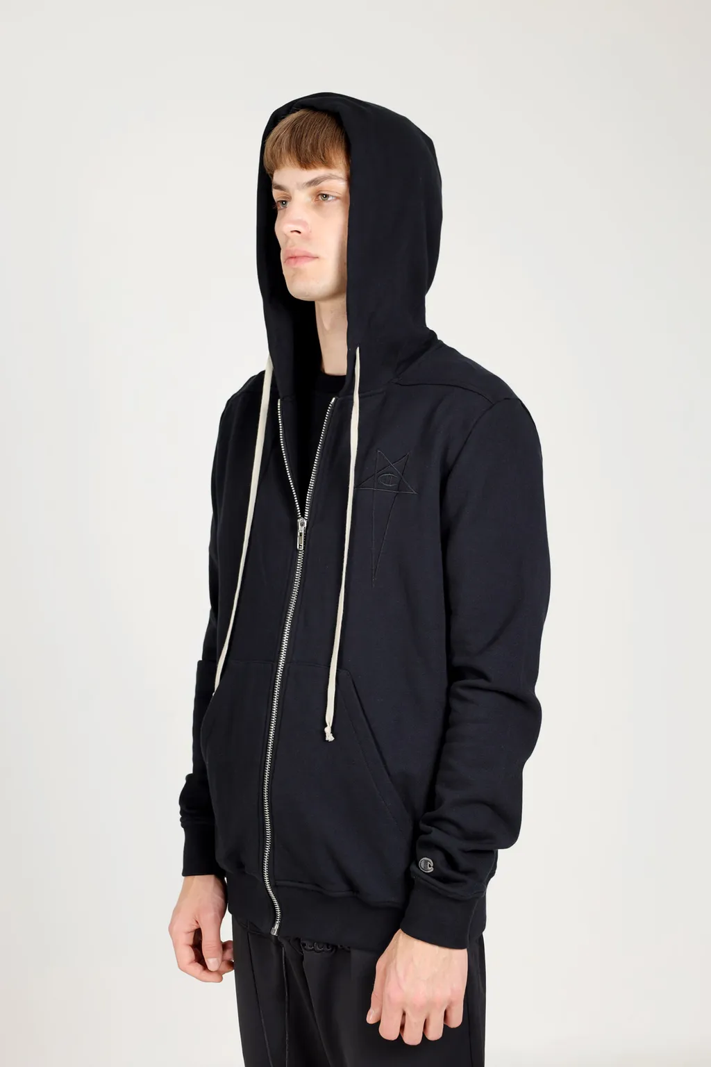 RICK OWENS x CHAMPION Men Embroidered Logo Jacket in Black with Hoodie 3