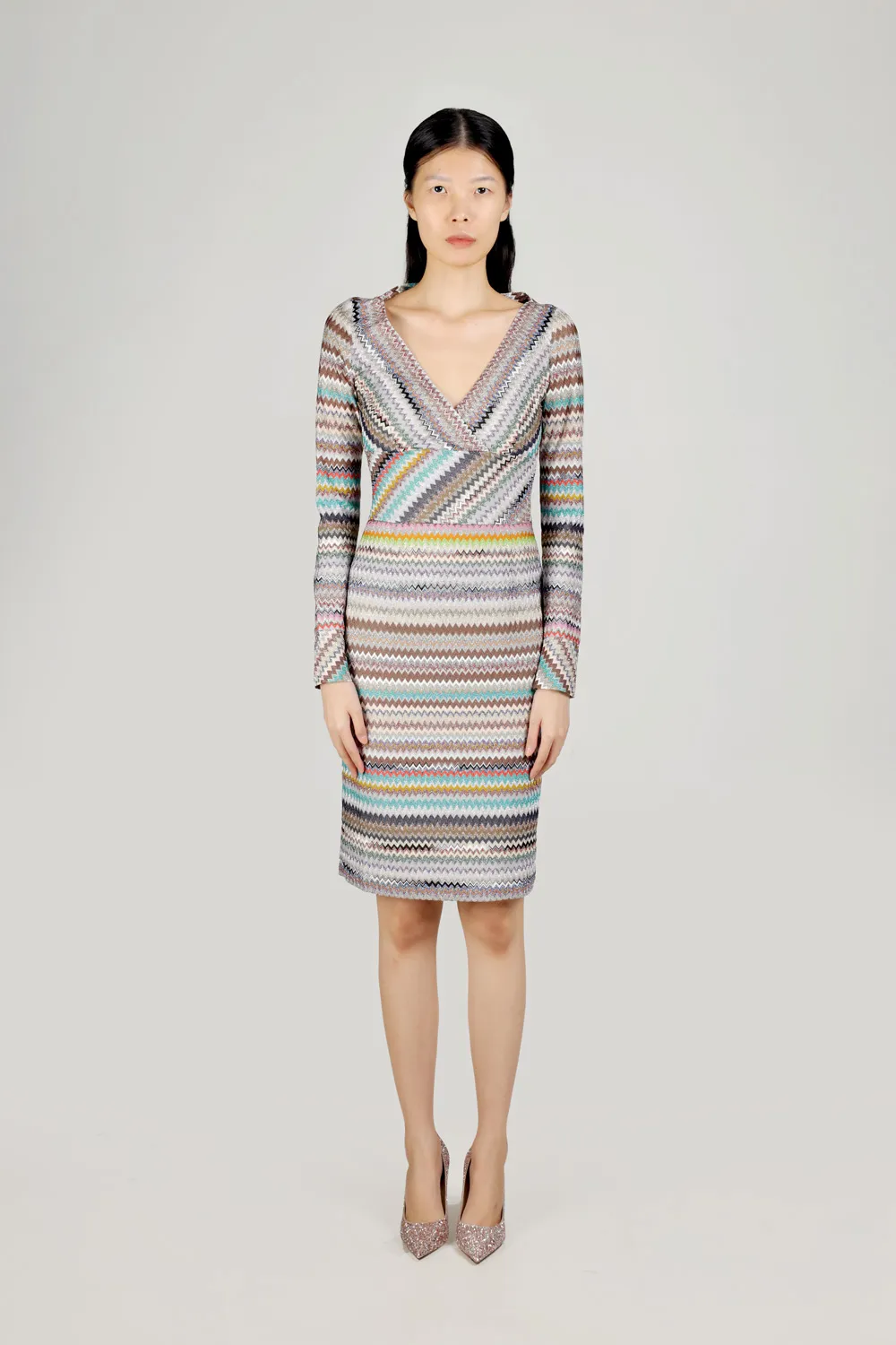 MISSONI Women Zig-Zag Patterns V-Neck Dress in Beige Multicolor Glitter with Long Sleeves 1