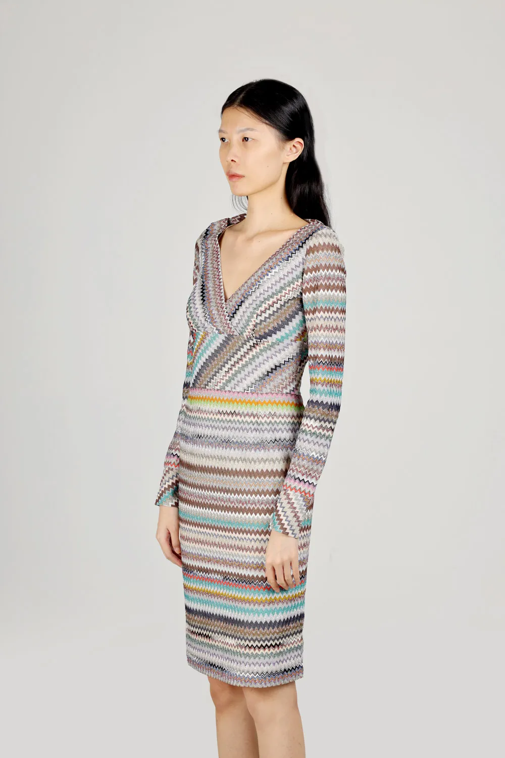 MISSONI Women Zig-Zag Patterns V-Neck Dress in Beige Multicolor Glitter with Long Sleeves 3