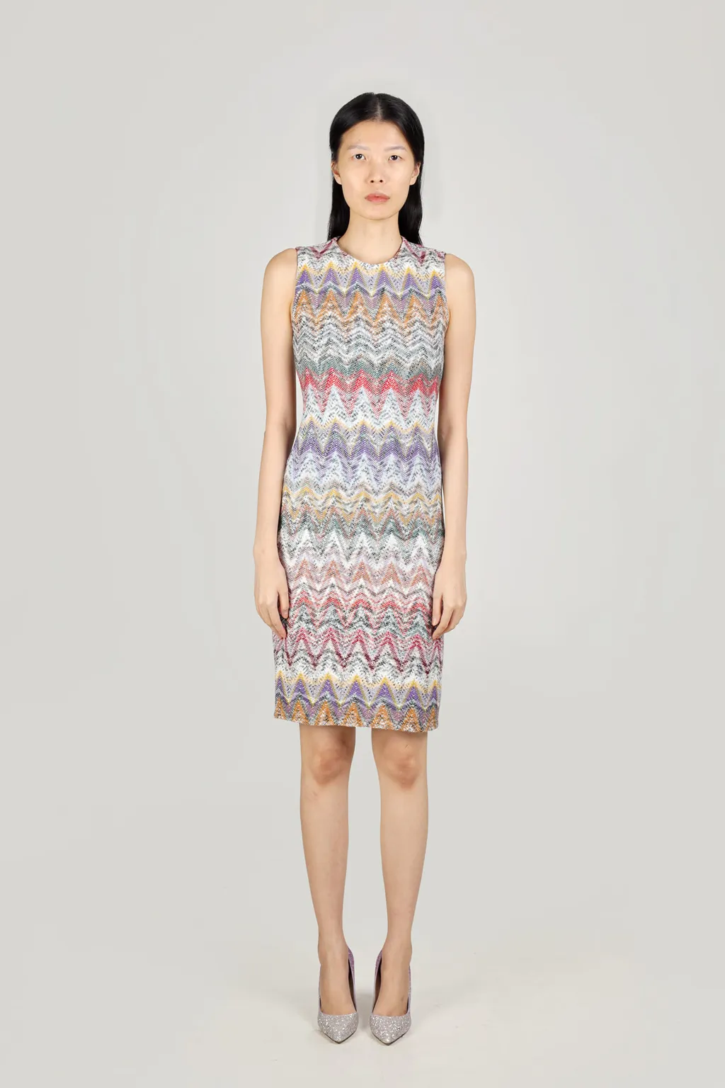 MISSONI Women Zig-Zag Patterns Knit Sleeveless Mini Dress in Beige/Purple Multicolor 1