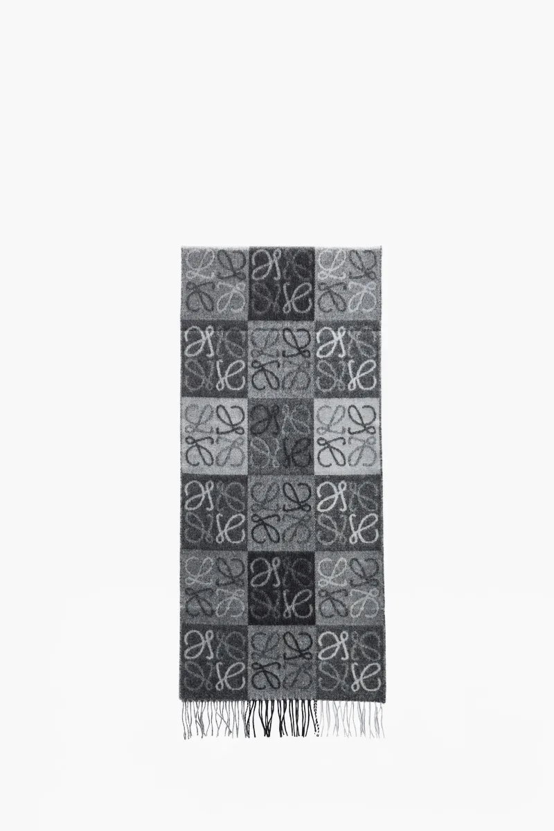LOEWE Anagram Reversible Checkerboard Pattern Scarf in Black/White Wool and Cashmere 0