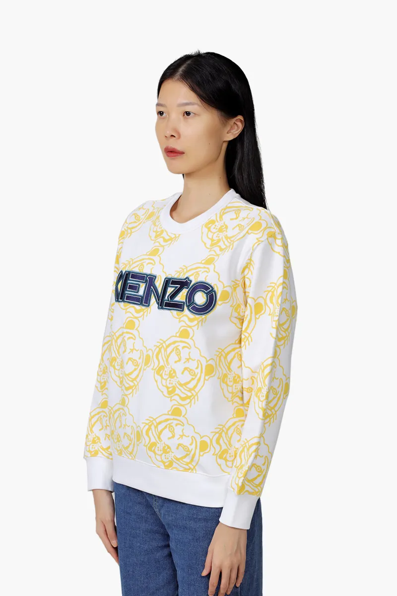 KENZO Women All-Over K-Tiger Monogram Sweatshirt in White/Yellow with 3D Logo 2