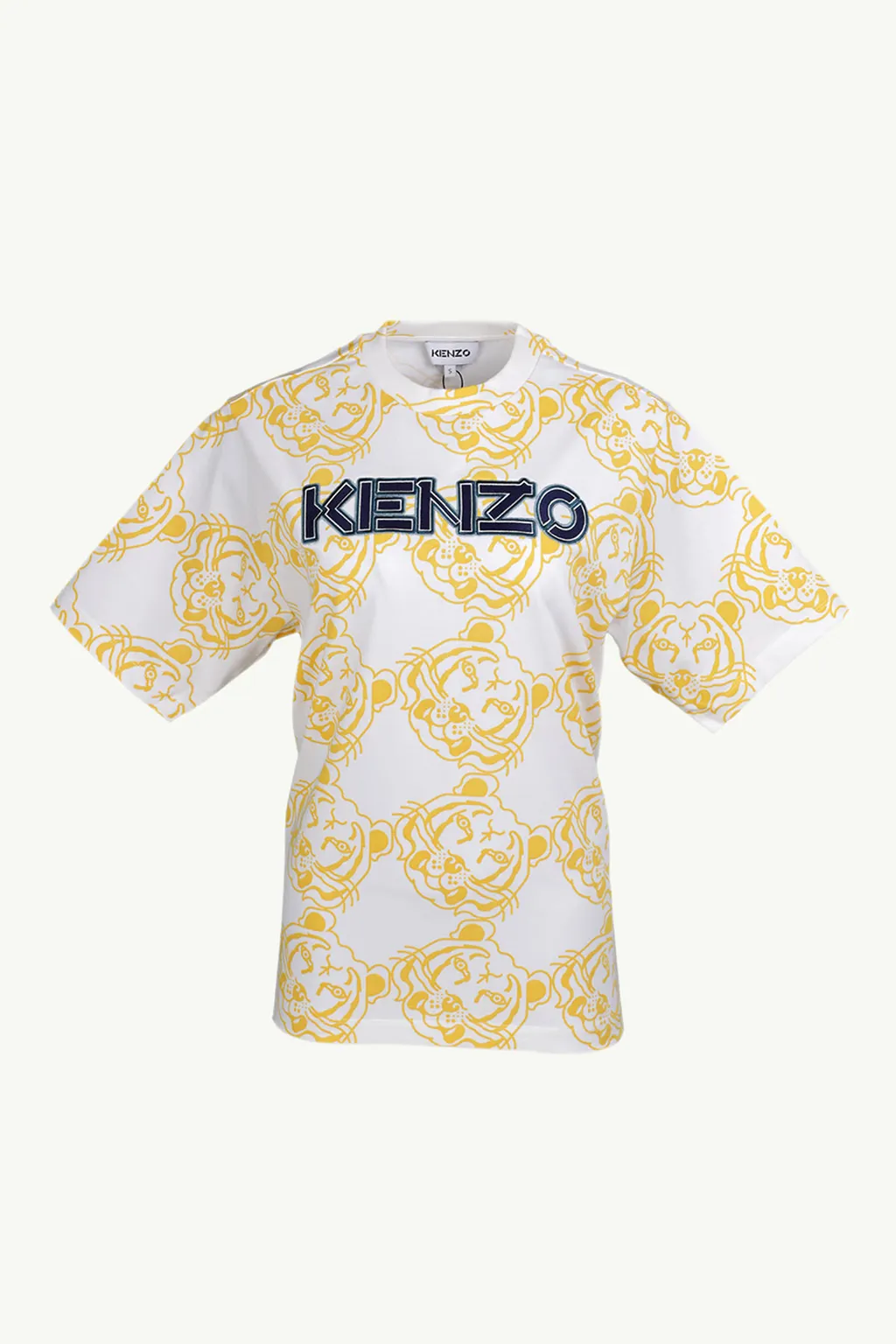 KENZO Women All-Over K-Tiger Monogram Loose Fit T-Shirt in White/Yellow with 3D Logo 0