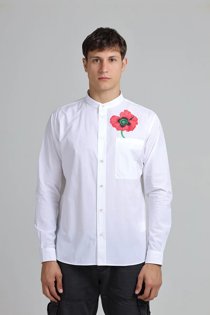 KENZO Men Kenzo Poppy Poplin Long Sleeves Shirt in White with Stand-Up Collar 0