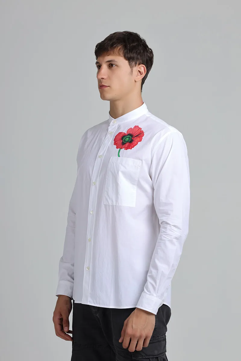 KENZO Men Kenzo Poppy Poplin Long Sleeves Shirt in White with Stand-Up Collar 2