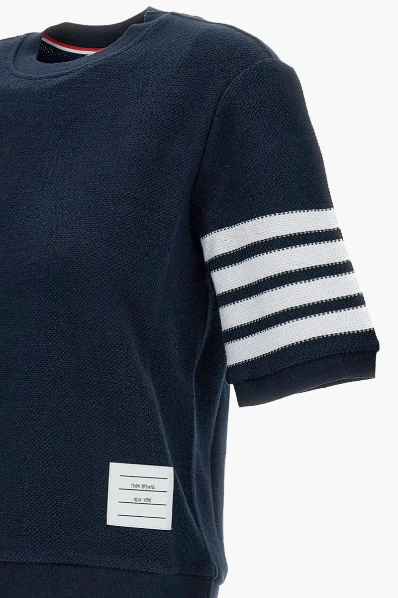 THOM BROWNE Women Textured Pique 4Bar TShirt in Navy Cotton 2