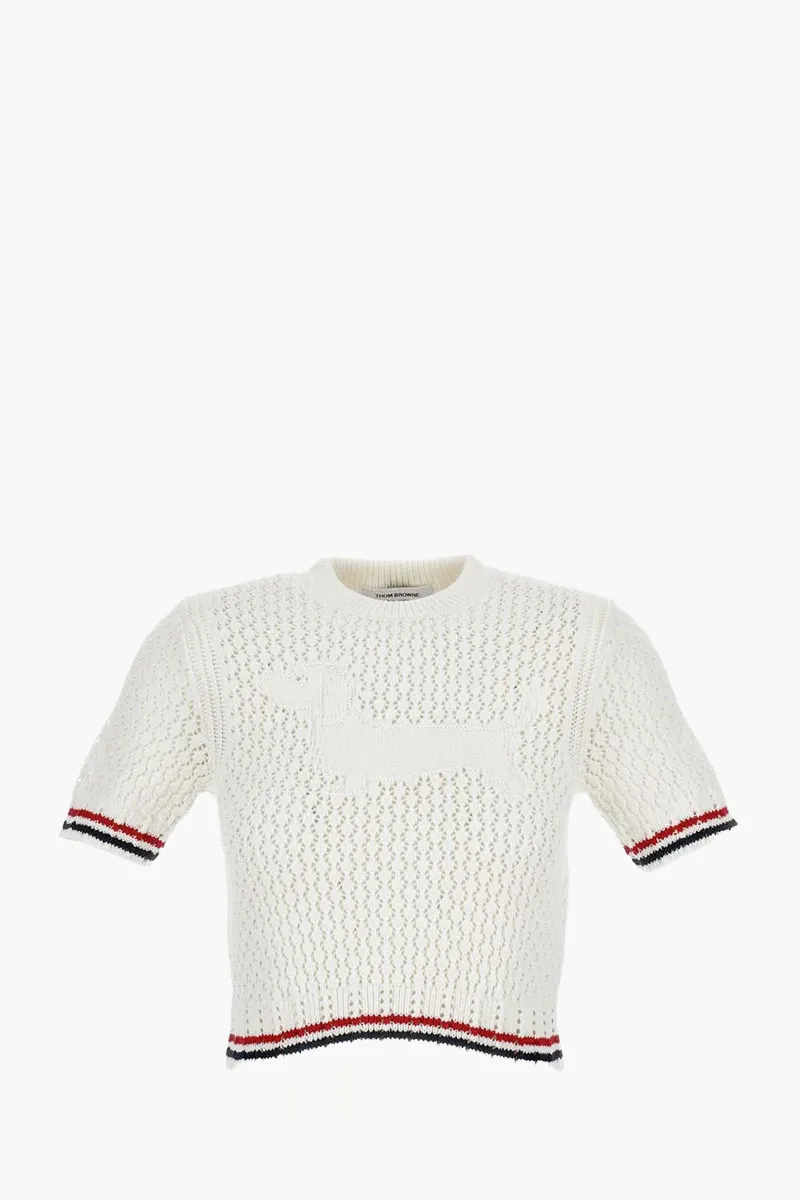 THOM BROWNE Women Pointelle Stitch Hector RWB Tee in White Cotton 0