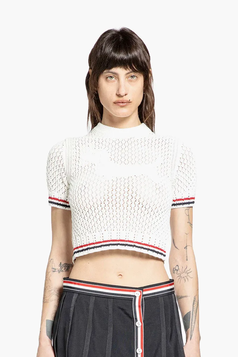 THOM BROWNE Women Pointelle Stitch Hector RWB Tee in White Cotton 1