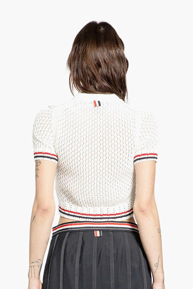 THOM BROWNE Women Pointelle Stitch Hector RWB Tee in White Cotton 2