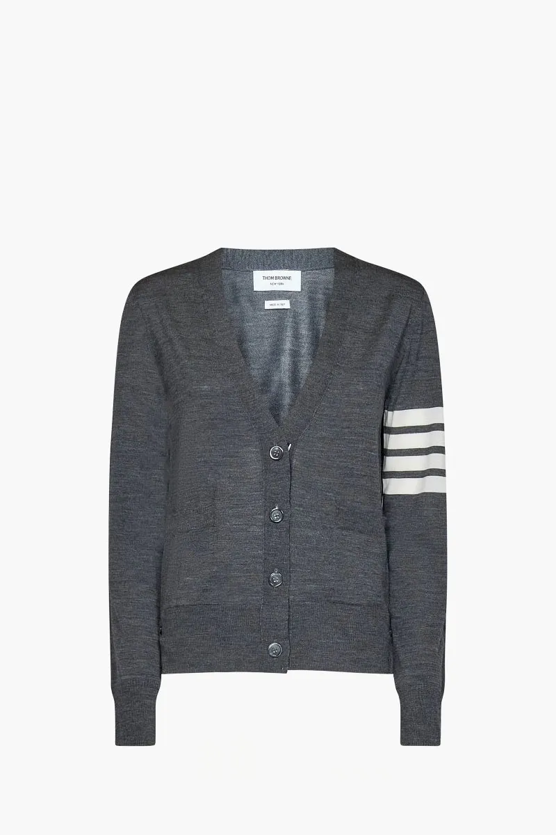 THOM BROWNE Women 4-Bar V-Neck Cardigan in Med Grey Merino Wool 0