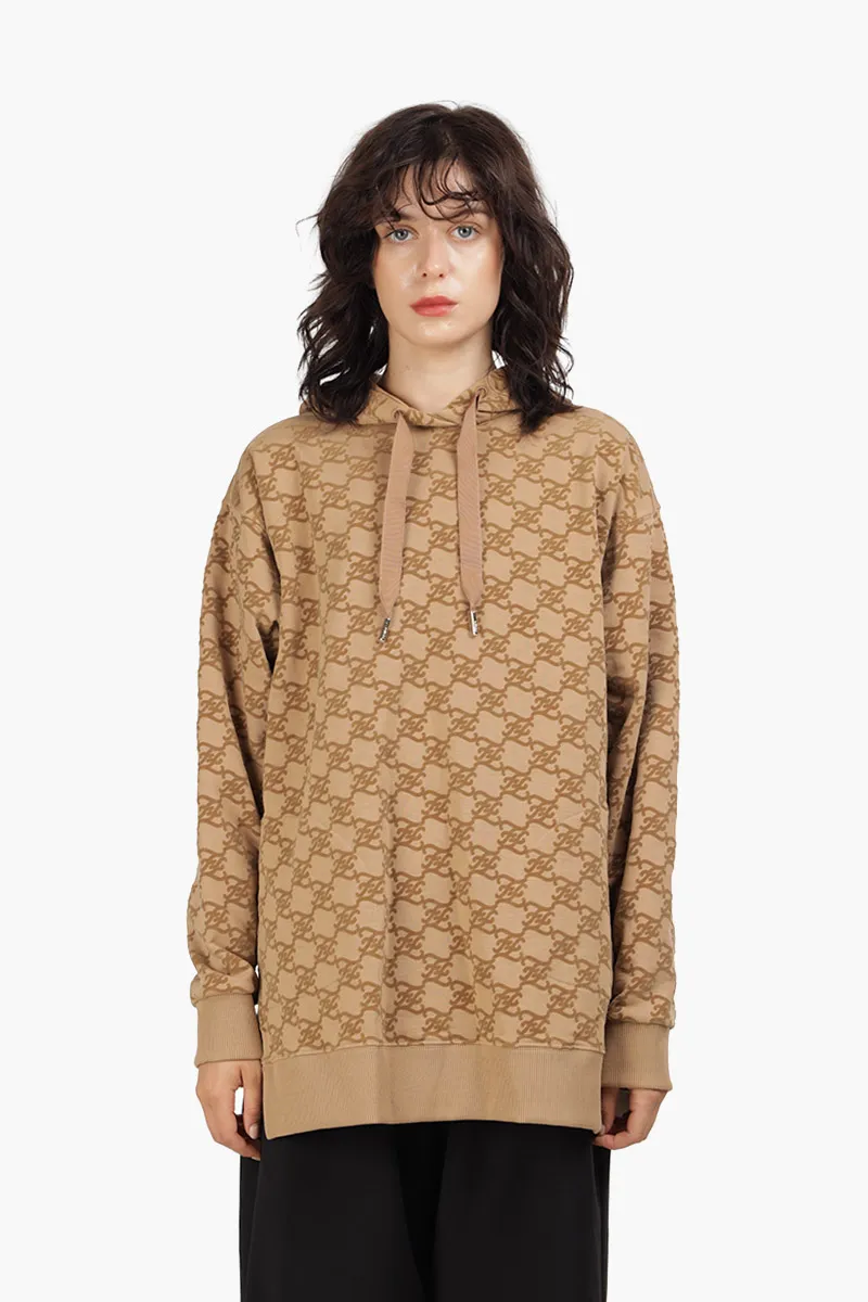 FENDI Women All Over Flocked Karligraphy Oversized Sweatshirt in Beige with Hoodie 0