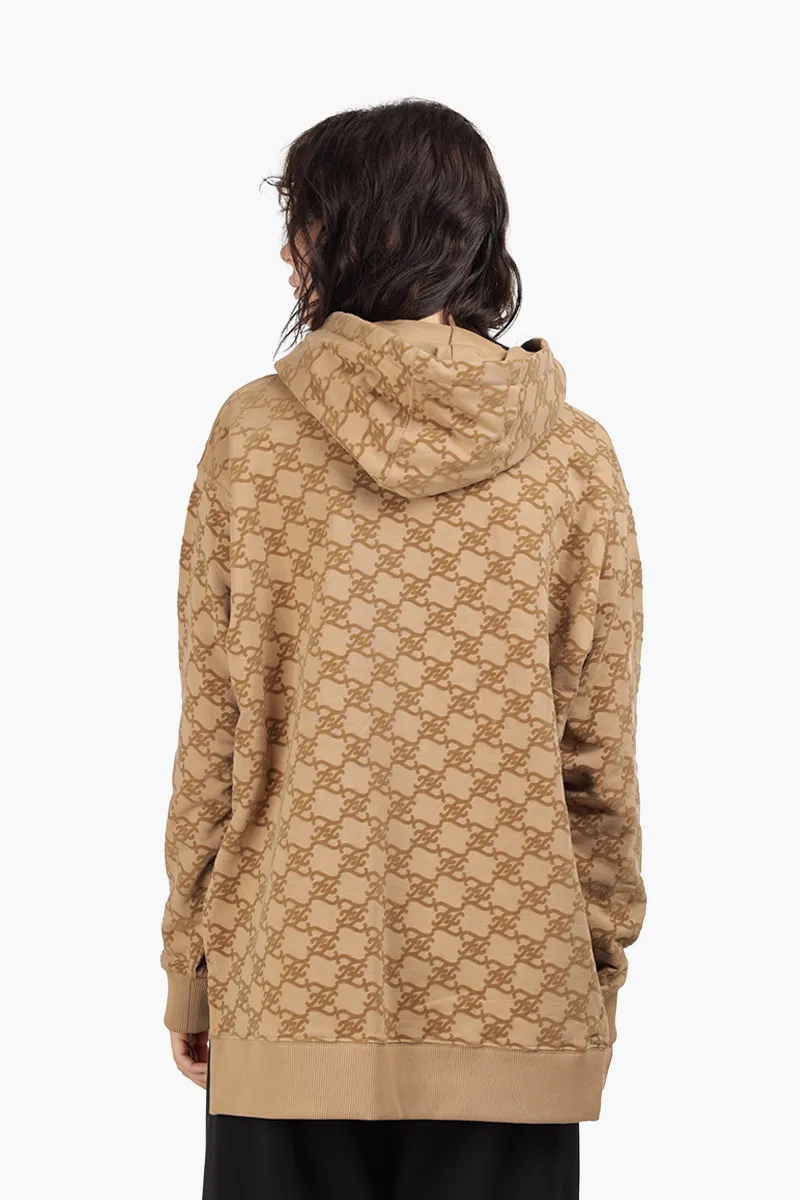 FENDI Women All Over Flocked Karligraphy Oversized Sweatshirt in Beige with Hoodie 1