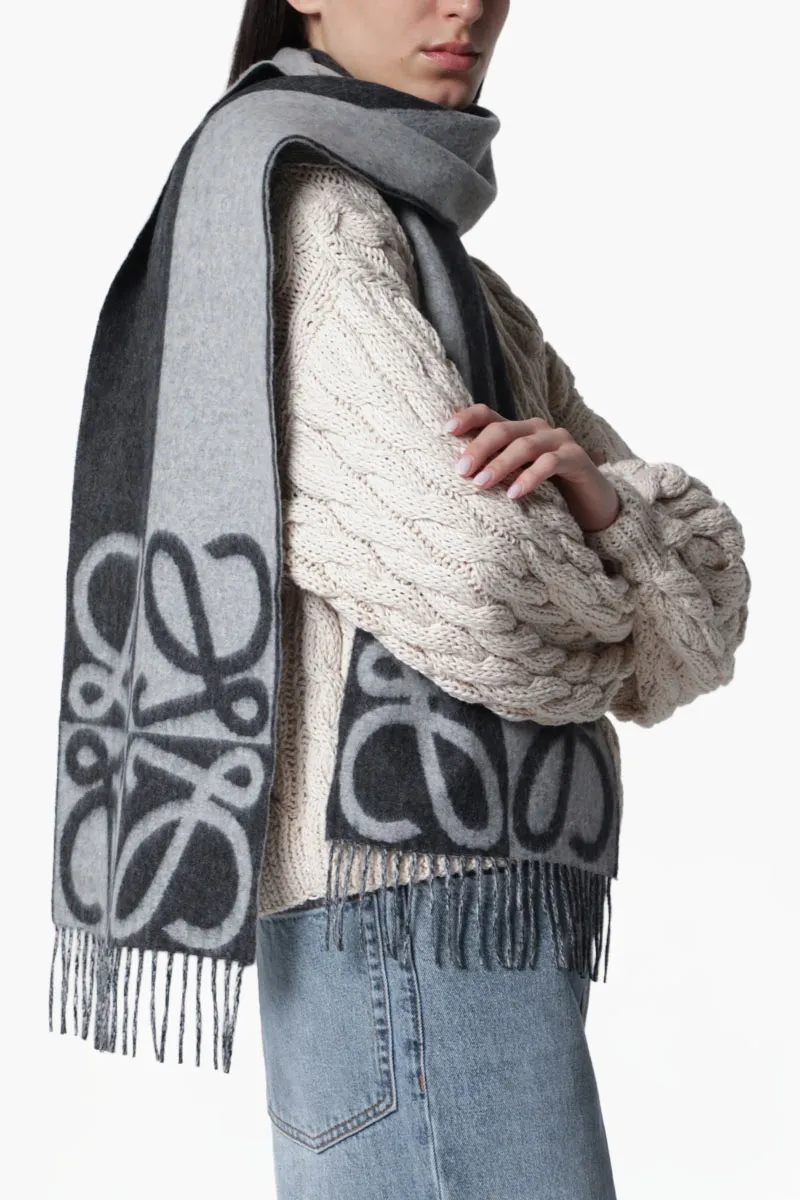LOEWE Anagram Two-Tone Jacquard Scarf in Dark Grey/Light Grey Wool and Cashmere 2